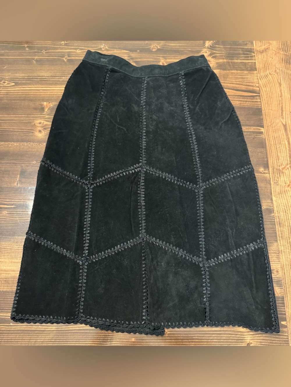 Vintage Robert Louis Black Suede Leather Whipstitch Midi Skirt‎ Size S